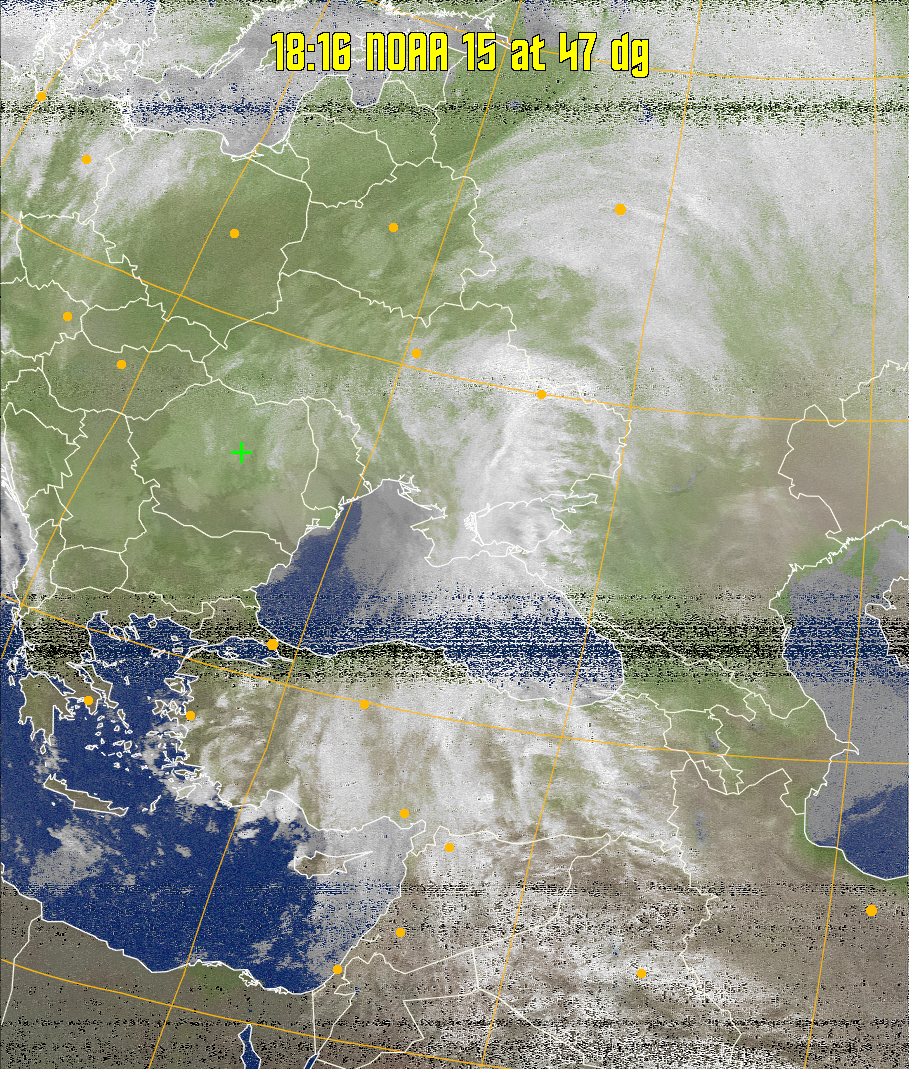 MCIR-precip: 
Colours the NOAA sensor 4 IR image using a map to colour the sea blue and land
green. High clouds appear white, lower clouds gray or land/sea coloured, clouds
generally appear lighter, but distinguishing between land/sea and low cloud may
be difficult. Darker colours indicate warmer regions.