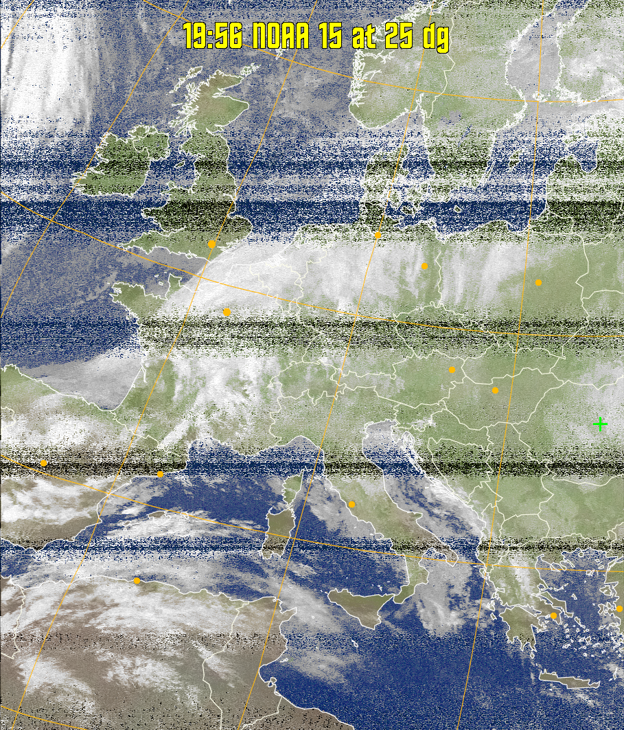 MCIR-precip: 
Colours the NOAA sensor 4 IR image using a map to colour the sea blue and land
green. High clouds appear white, lower clouds gray or land/sea coloured, clouds
generally appear lighter, but distinguishing between land/sea and low cloud may
be difficult. Darker colours indicate warmer regions.