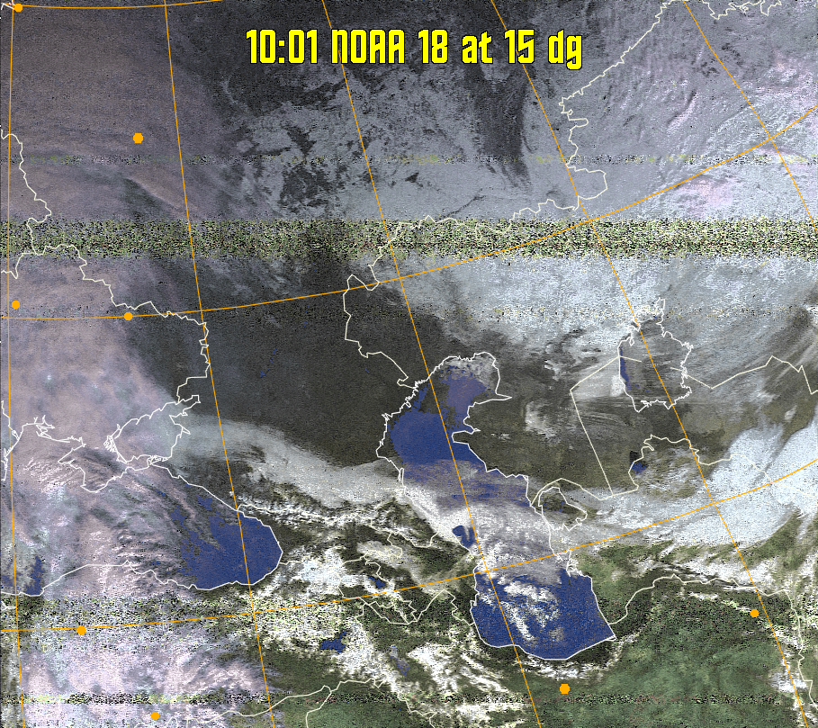 HVCT:
Similar to HVC, but with blue water and with colours more indicative of
land temperatures.
HVC:
Creates a false colour image from NOAA APT images based on temperature using
the HVC colour model. Uses the temperature derived from the sensor 4 image to
select the hue and the brightness from the histogram equalised other image to
select the value and chroma. The HVC colour model attempts to ensure that different colours at the same value will appear to the eye to be the same brightness
and the spacing between colours representing each degree will appear to the eye to
be similar. Bright areas are completely unsaturated in this model.