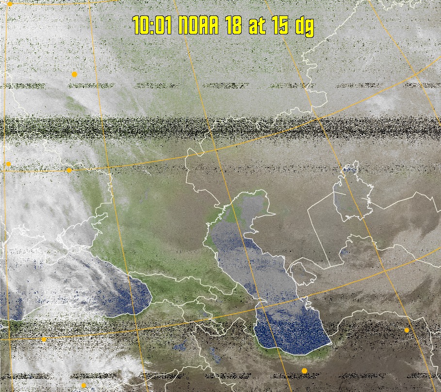 MCIR-precip: 
Colours the NOAA sensor 4 IR image using a map to colour the sea blue and land
green. High clouds appear white, lower clouds gray or land/sea coloured, clouds
generally appear lighter, but distinguishing between land/sea and low cloud may
be difficult. Darker colours indicate warmer regions.