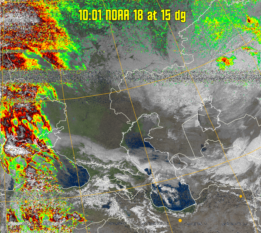 MSA-precip:
Same as MSA multispectral analysis, but high cold cloud tops are coloured the
same as the NO enhancement to give an approximate indication of the probability
and intensity of precipitation.