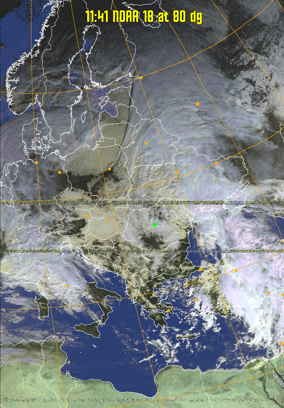 HVCT:
Similar to HVC, but with blue water and with colours more indicative of
land temperatures.
HVC:
Creates a false colour image from NOAA APT images based on temperature using
the HVC colour model. Uses the temperature derived from the sensor 4 image to
select the hue and the brightness from the histogram equalised other image to
select the value and chroma. The HVC colour model attempts to ensure that different colours at the same value will appear to the eye to be the same brightness
and the spacing between colours representing each degree will appear to the eye to
be similar. Bright areas are completely unsaturated in this model.