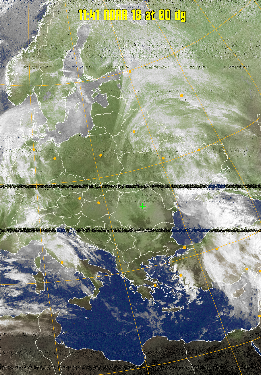 MCIR-precip: 
Colours the NOAA sensor 4 IR image using a map to colour the sea blue and land
green. High clouds appear white, lower clouds gray or land/sea coloured, clouds
generally appear lighter, but distinguishing between land/sea and low cloud may
be difficult. Darker colours indicate warmer regions.