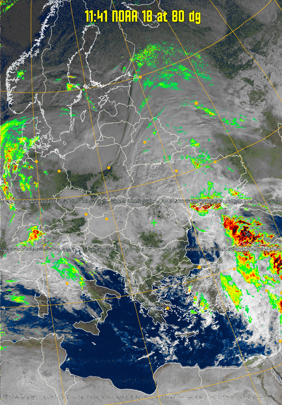 MSA-precip:
Same as MSA multispectral analysis, but high cold cloud tops are coloured the
same as the NO enhancement to give an approximate indication of the probability
and intensity of precipitation.