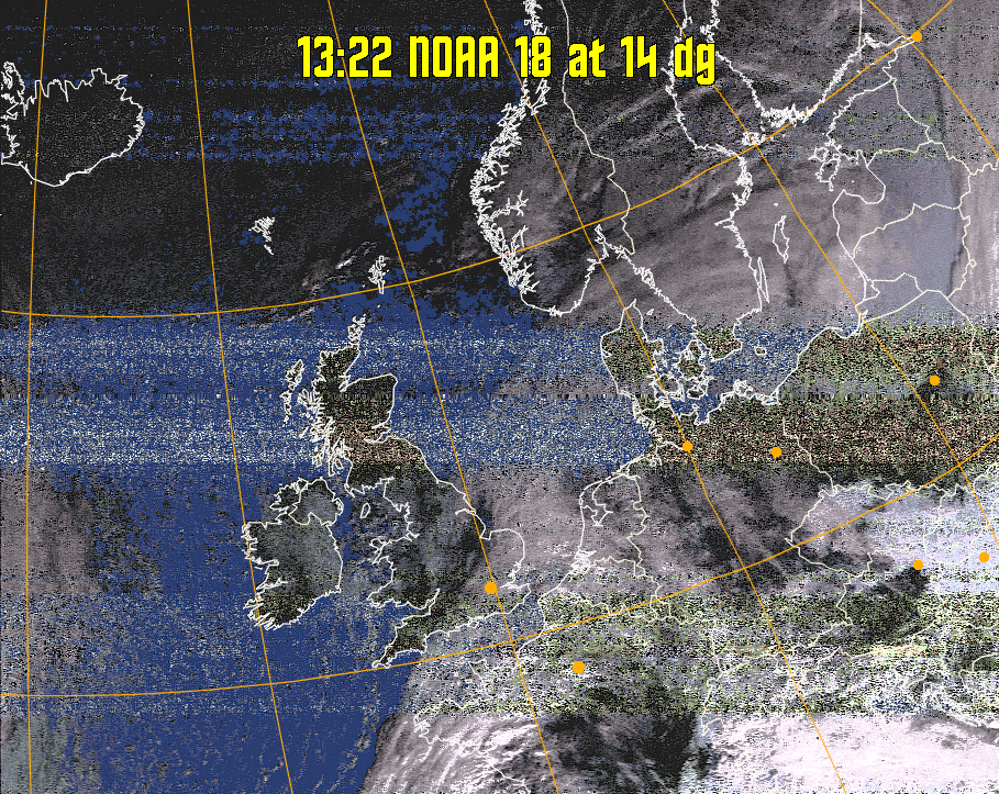 HVCT:
Similar to HVC, but with blue water and with colours more indicative of
land temperatures.
HVC:
Creates a false colour image from NOAA APT images based on temperature using
the HVC colour model. Uses the temperature derived from the sensor 4 image to
select the hue and the brightness from the histogram equalised other image to
select the value and chroma. The HVC colour model attempts to ensure that different colours at the same value will appear to the eye to be the same brightness
and the spacing between colours representing each degree will appear to the eye to
be similar. Bright areas are completely unsaturated in this model.