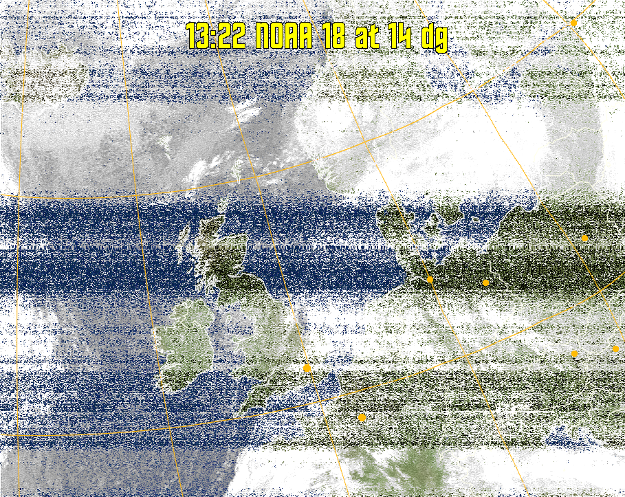 MCIR-precip: 
Colours the NOAA sensor 4 IR image using a map to colour the sea blue and land
green. High clouds appear white, lower clouds gray or land/sea coloured, clouds
generally appear lighter, but distinguishing between land/sea and low cloud may
be difficult. Darker colours indicate warmer regions.