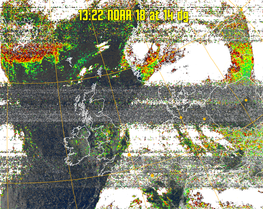 MSA-precip:
Same as MSA multispectral analysis, but high cold cloud tops are coloured the
same as the NO enhancement to give an approximate indication of the probability
and intensity of precipitation.