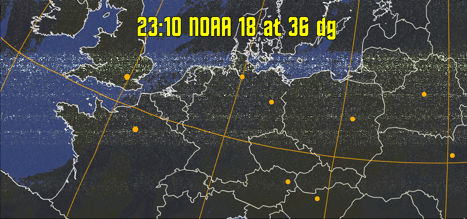 HVCT:
Similar to HVC, but with blue water and with colours more indicative of
land temperatures.
HVC:
Creates a false colour image from NOAA APT images based on temperature using
the HVC colour model. Uses the temperature derived from the sensor 4 image to
select the hue and the brightness from the histogram equalised other image to
select the value and chroma. The HVC colour model attempts to ensure that different colours at the same value will appear to the eye to be the same brightness
and the spacing between colours representing each degree will appear to the eye to
be similar. Bright areas are completely unsaturated in this model.