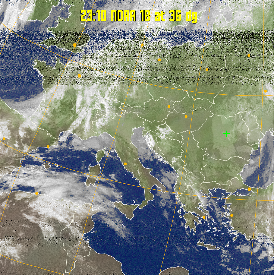 MCIR-precip: 
Colours the NOAA sensor 4 IR image using a map to colour the sea blue and land
green. High clouds appear white, lower clouds gray or land/sea coloured, clouds
generally appear lighter, but distinguishing between land/sea and low cloud may
be difficult. Darker colours indicate warmer regions.