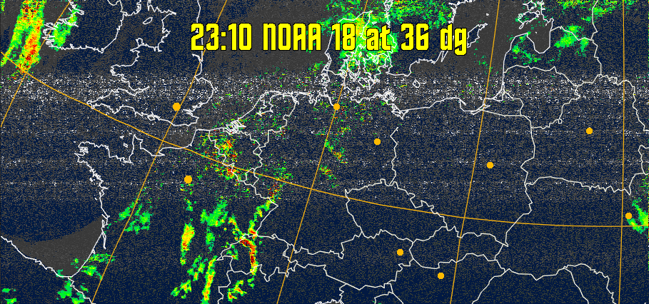 MSA-precip:
Same as MSA multispectral analysis, but high cold cloud tops are coloured the
same as the NO enhancement to give an approximate indication of the probability
and intensity of precipitation.