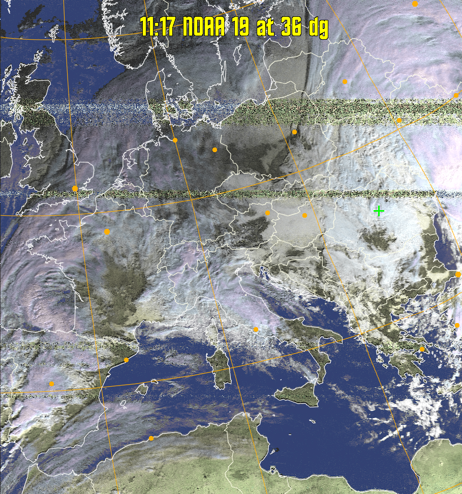 HVCT:
Similar to HVC, but with blue water and with colours more indicative of
land temperatures.
HVC:
Creates a false colour image from NOAA APT images based on temperature using
the HVC colour model. Uses the temperature derived from the sensor 4 image to
select the hue and the brightness from the histogram equalised other image to
select the value and chroma. The HVC colour model attempts to ensure that different colours at the same value will appear to the eye to be the same brightness
and the spacing between colours representing each degree will appear to the eye to
be similar. Bright areas are completely unsaturated in this model.