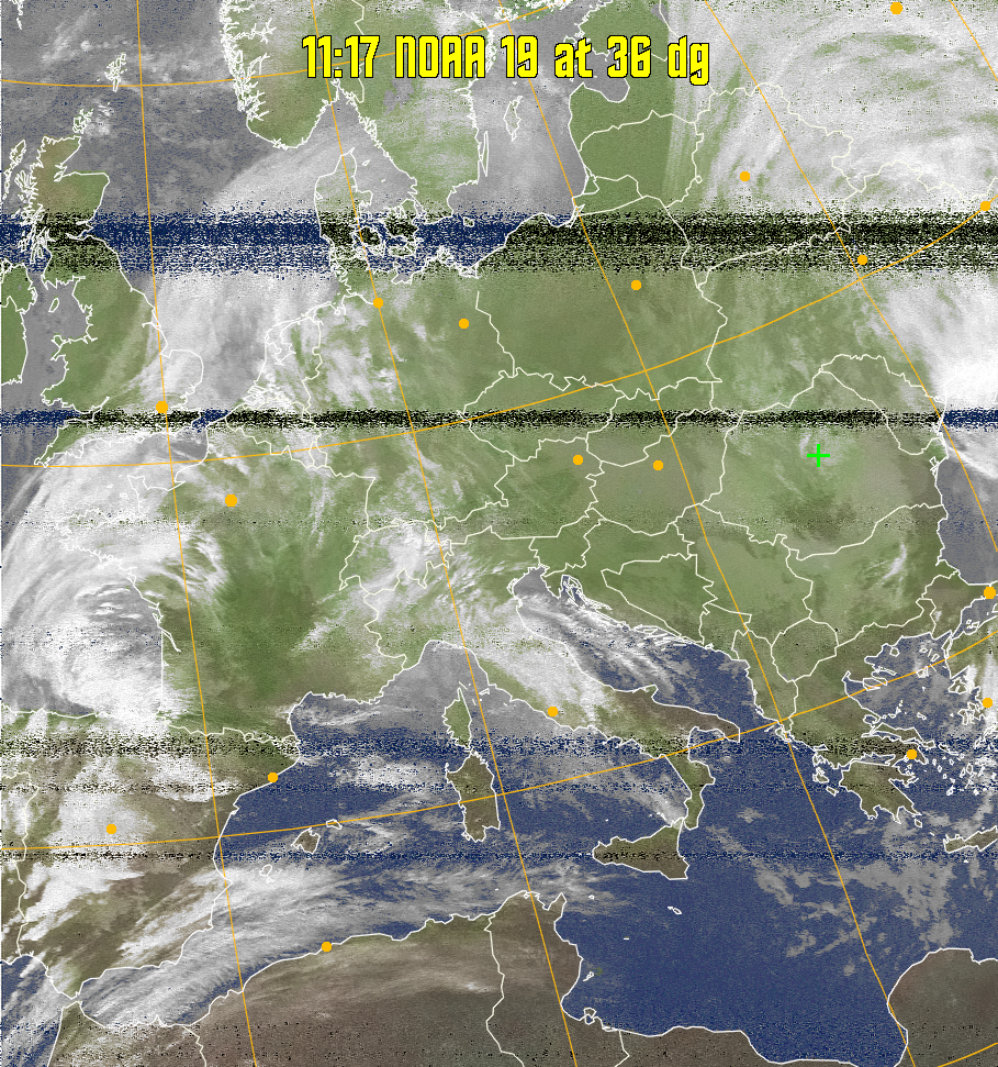 MCIR-precip: 
Colours the NOAA sensor 4 IR image using a map to colour the sea blue and land
green. High clouds appear white, lower clouds gray or land/sea coloured, clouds
generally appear lighter, but distinguishing between land/sea and low cloud may
be difficult. Darker colours indicate warmer regions.