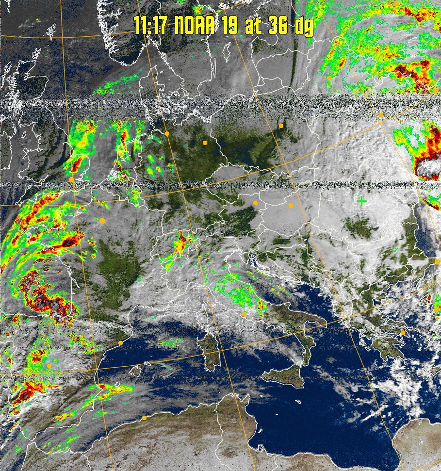 MSA-precip:
Same as MSA multispectral analysis, but high cold cloud tops are coloured the
same as the NO enhancement to give an approximate indication of the probability
and intensity of precipitation.