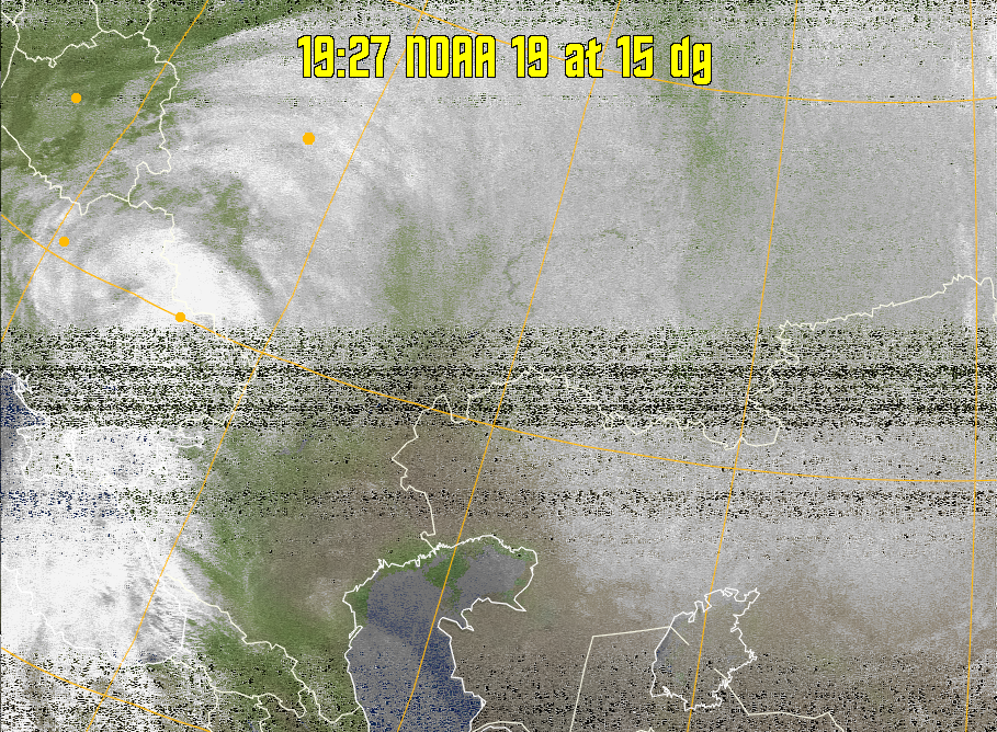 MCIR-precip: 
Colours the NOAA sensor 4 IR image using a map to colour the sea blue and land
green. High clouds appear white, lower clouds gray or land/sea coloured, clouds
generally appear lighter, but distinguishing between land/sea and low cloud may
be difficult. Darker colours indicate warmer regions.