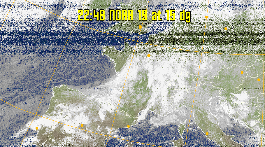 MCIR-precip: 
Colours the NOAA sensor 4 IR image using a map to colour the sea blue and land
green. High clouds appear white, lower clouds gray or land/sea coloured, clouds
generally appear lighter, but distinguishing between land/sea and low cloud may
be difficult. Darker colours indicate warmer regions.