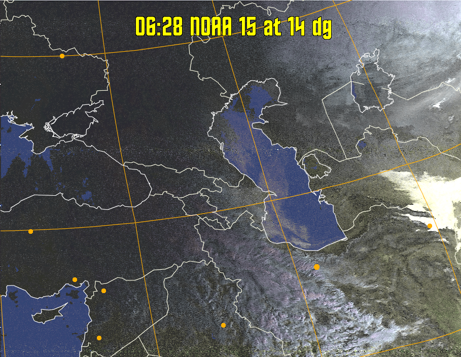 HVCT:
Similar to HVC, but with blue water and with colours more indicative of
land temperatures.
HVC:
Creates a false colour image from NOAA APT images based on temperature using
the HVC colour model. Uses the temperature derived from the sensor 4 image to
select the hue and the brightness from the histogram equalised other image to
select the value and chroma. The HVC colour model attempts to ensure that different colours at the same value will appear to the eye to be the same brightness
and the spacing between colours representing each degree will appear to the eye to
be similar. Bright areas are completely unsaturated in this model.