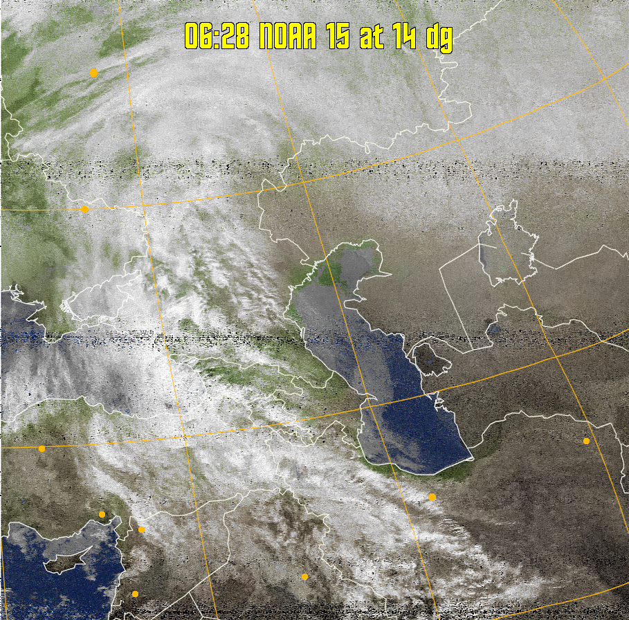 MCIR-precip: 
Colours the NOAA sensor 4 IR image using a map to colour the sea blue and land
green. High clouds appear white, lower clouds gray or land/sea coloured, clouds
generally appear lighter, but distinguishing between land/sea and low cloud may
be difficult. Darker colours indicate warmer regions.