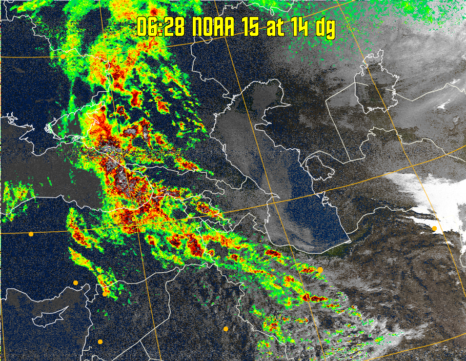 MSA-precip:
Same as MSA multispectral analysis, but high cold cloud tops are coloured the
same as the NO enhancement to give an approximate indication of the probability
and intensity of precipitation.