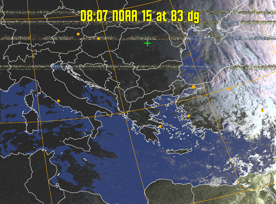 HVCT:
Similar to HVC, but with blue water and with colours more indicative of
land temperatures.
HVC:
Creates a false colour image from NOAA APT images based on temperature using
the HVC colour model. Uses the temperature derived from the sensor 4 image to
select the hue and the brightness from the histogram equalised other image to
select the value and chroma. The HVC colour model attempts to ensure that different colours at the same value will appear to the eye to be the same brightness
and the spacing between colours representing each degree will appear to the eye to
be similar. Bright areas are completely unsaturated in this model.