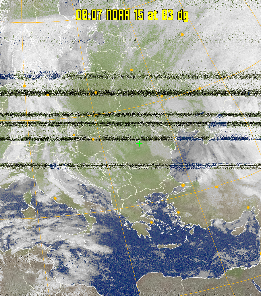 MCIR-precip: 
Colours the NOAA sensor 4 IR image using a map to colour the sea blue and land
green. High clouds appear white, lower clouds gray or land/sea coloured, clouds
generally appear lighter, but distinguishing between land/sea and low cloud may
be difficult. Darker colours indicate warmer regions.