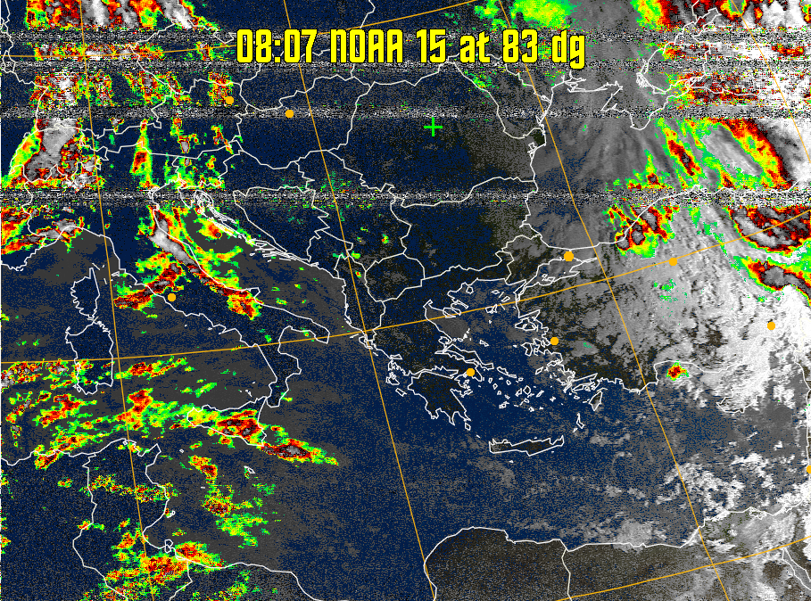 MSA-precip:
Same as MSA multispectral analysis, but high cold cloud tops are coloured the
same as the NO enhancement to give an approximate indication of the probability
and intensity of precipitation.