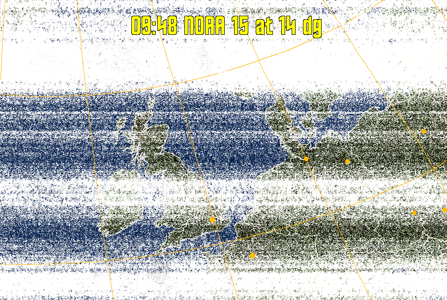 MCIR-precip: 
Colours the NOAA sensor 4 IR image using a map to colour the sea blue and land
green. High clouds appear white, lower clouds gray or land/sea coloured, clouds
generally appear lighter, but distinguishing between land/sea and low cloud may
be difficult. Darker colours indicate warmer regions.