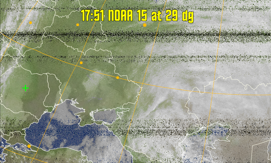 MCIR-precip: 
Colours the NOAA sensor 4 IR image using a map to colour the sea blue and land
green. High clouds appear white, lower clouds gray or land/sea coloured, clouds
generally appear lighter, but distinguishing between land/sea and low cloud may
be difficult. Darker colours indicate warmer regions.