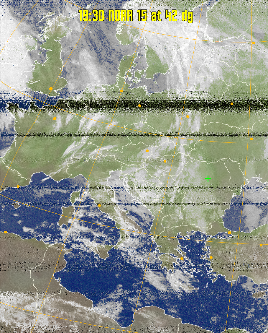 MCIR-precip: 
Colours the NOAA sensor 4 IR image using a map to colour the sea blue and land
green. High clouds appear white, lower clouds gray or land/sea coloured, clouds
generally appear lighter, but distinguishing between land/sea and low cloud may
be difficult. Darker colours indicate warmer regions.