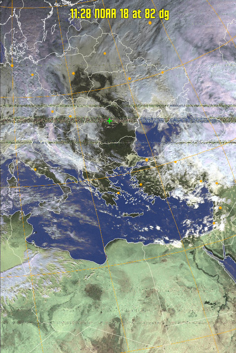 HVCT:
Similar to HVC, but with blue water and with colours more indicative of
land temperatures.
HVC:
Creates a false colour image from NOAA APT images based on temperature using
the HVC colour model. Uses the temperature derived from the sensor 4 image to
select the hue and the brightness from the histogram equalised other image to
select the value and chroma. The HVC colour model attempts to ensure that different colours at the same value will appear to the eye to be the same brightness
and the spacing between colours representing each degree will appear to the eye to
be similar. Bright areas are completely unsaturated in this model.