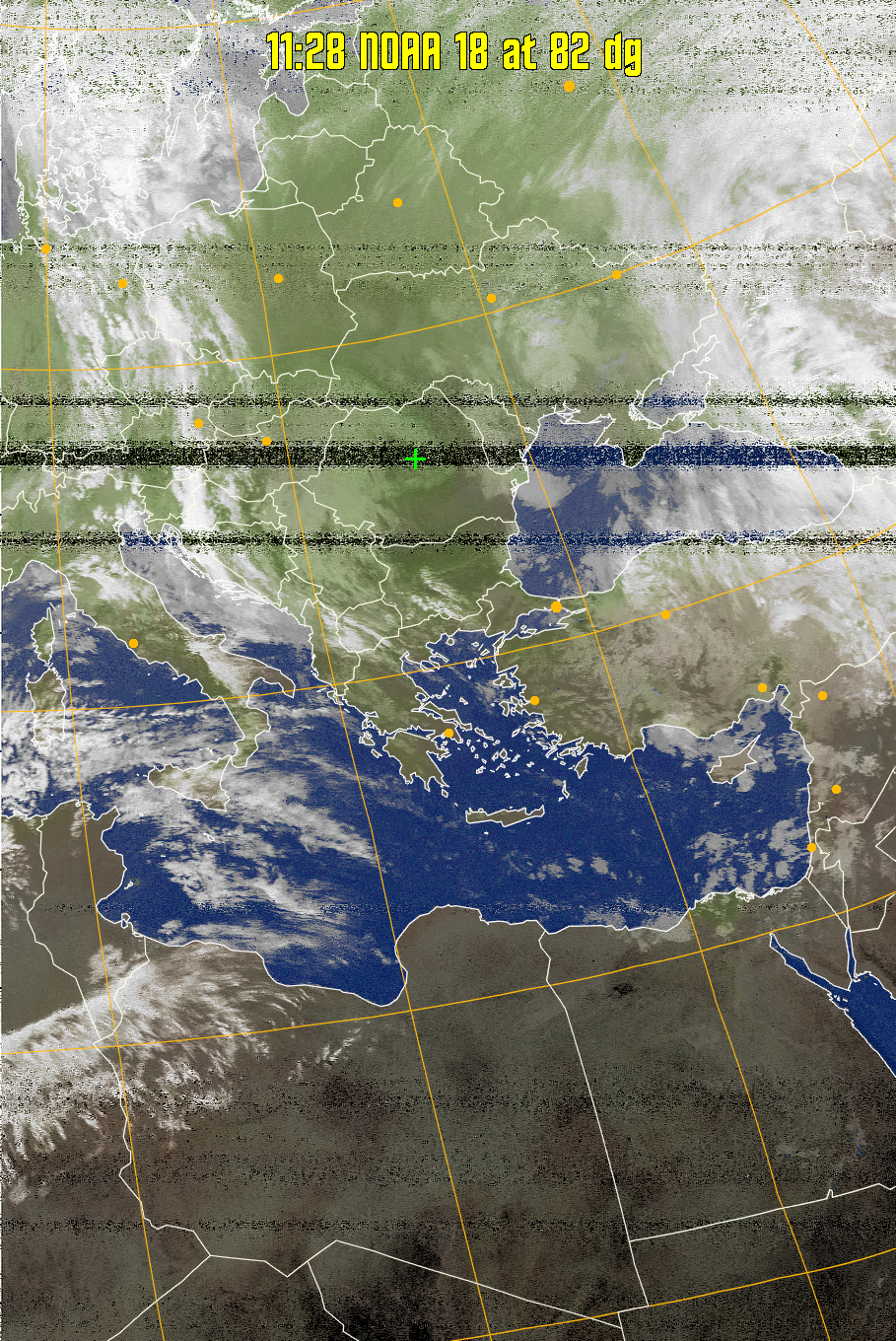 MCIR-precip: 
Colours the NOAA sensor 4 IR image using a map to colour the sea blue and land
green. High clouds appear white, lower clouds gray or land/sea coloured, clouds
generally appear lighter, but distinguishing between land/sea and low cloud may
be difficult. Darker colours indicate warmer regions.