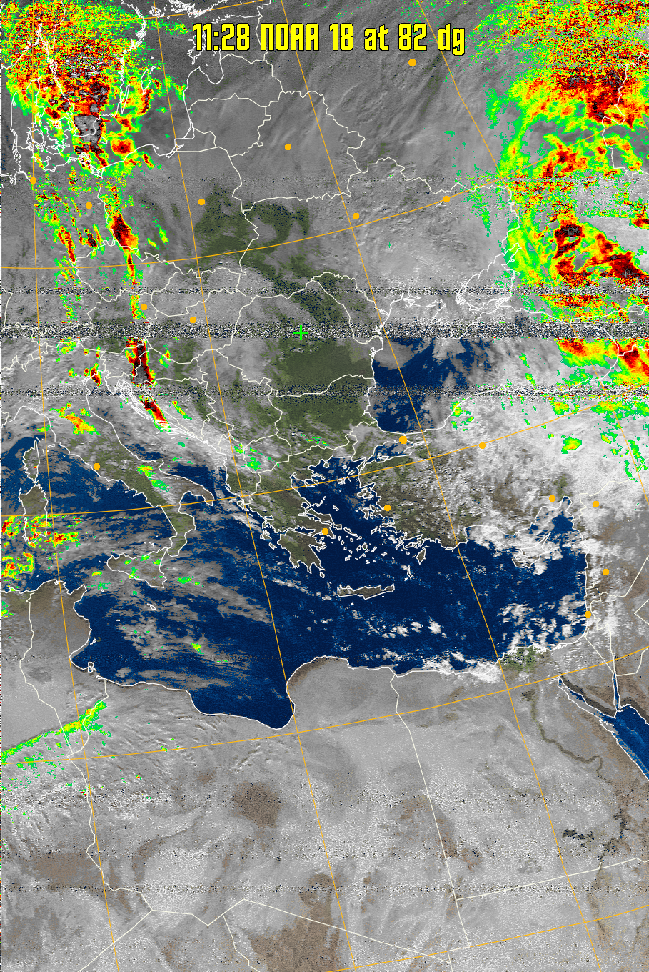 MSA-precip:
Same as MSA multispectral analysis, but high cold cloud tops are coloured the
same as the NO enhancement to give an approximate indication of the probability
and intensity of precipitation.