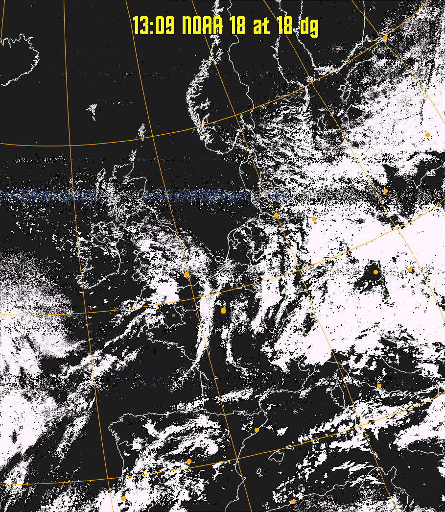 HVCT:
Similar to HVC, but with blue water and with colours more indicative of
land temperatures.
HVC:
Creates a false colour image from NOAA APT images based on temperature using
the HVC colour model. Uses the temperature derived from the sensor 4 image to
select the hue and the brightness from the histogram equalised other image to
select the value and chroma. The HVC colour model attempts to ensure that different colours at the same value will appear to the eye to be the same brightness
and the spacing between colours representing each degree will appear to the eye to
be similar. Bright areas are completely unsaturated in this model.