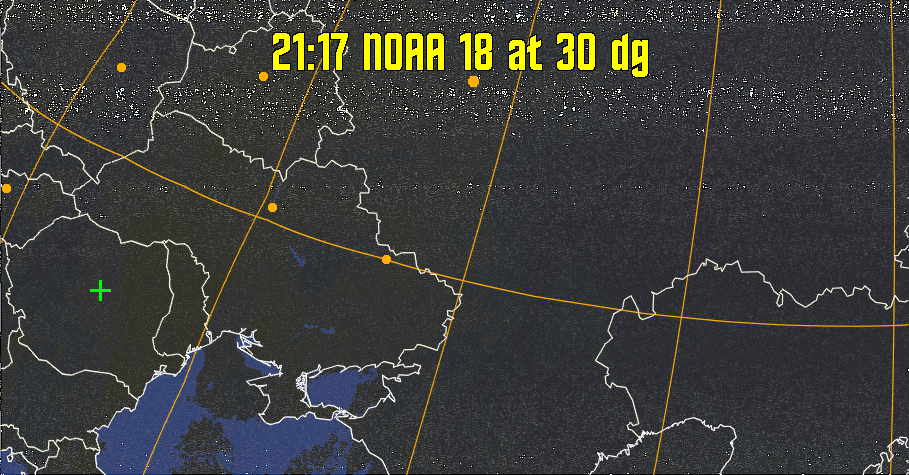 HVCT:
Similar to HVC, but with blue water and with colours more indicative of
land temperatures.
HVC:
Creates a false colour image from NOAA APT images based on temperature using
the HVC colour model. Uses the temperature derived from the sensor 4 image to
select the hue and the brightness from the histogram equalised other image to
select the value and chroma. The HVC colour model attempts to ensure that different colours at the same value will appear to the eye to be the same brightness
and the spacing between colours representing each degree will appear to the eye to
be similar. Bright areas are completely unsaturated in this model.