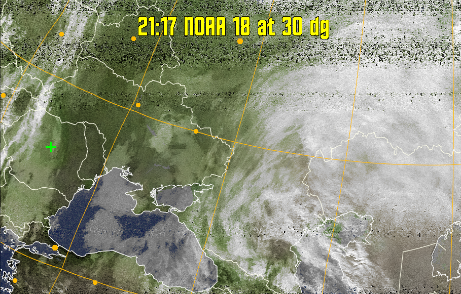 MCIR-precip: 
Colours the NOAA sensor 4 IR image using a map to colour the sea blue and land
green. High clouds appear white, lower clouds gray or land/sea coloured, clouds
generally appear lighter, but distinguishing between land/sea and low cloud may
be difficult. Darker colours indicate warmer regions.