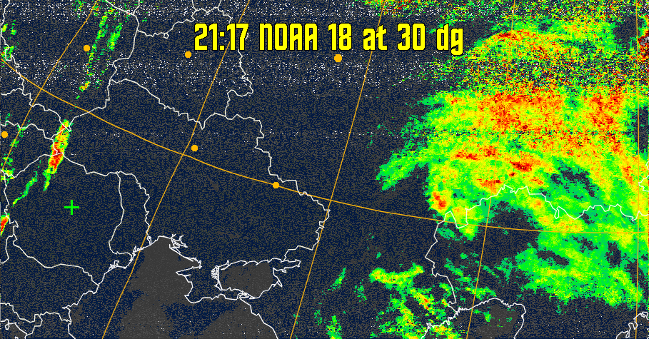 MSA-precip:
Same as MSA multispectral analysis, but high cold cloud tops are coloured the
same as the NO enhancement to give an approximate indication of the probability
and intensity of precipitation.