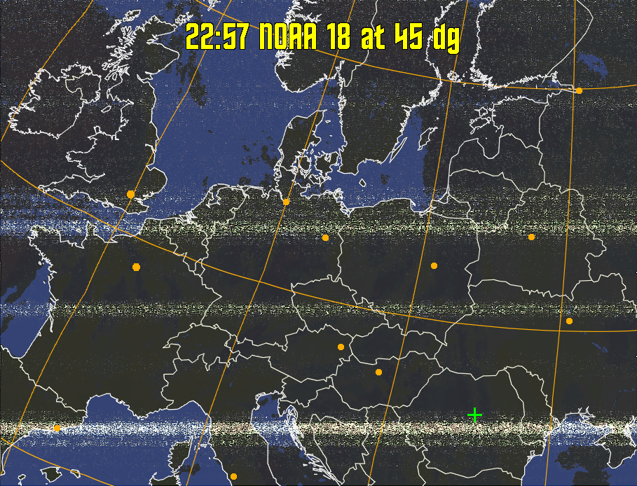 HVCT:
Similar to HVC, but with blue water and with colours more indicative of
land temperatures.
HVC:
Creates a false colour image from NOAA APT images based on temperature using
the HVC colour model. Uses the temperature derived from the sensor 4 image to
select the hue and the brightness from the histogram equalised other image to
select the value and chroma. The HVC colour model attempts to ensure that different colours at the same value will appear to the eye to be the same brightness
and the spacing between colours representing each degree will appear to the eye to
be similar. Bright areas are completely unsaturated in this model.