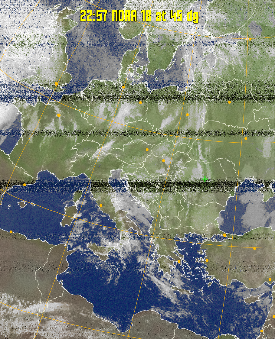 MCIR-precip: 
Colours the NOAA sensor 4 IR image using a map to colour the sea blue and land
green. High clouds appear white, lower clouds gray or land/sea coloured, clouds
generally appear lighter, but distinguishing between land/sea and low cloud may
be difficult. Darker colours indicate warmer regions.