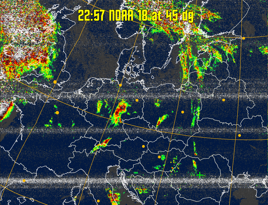 MSA-precip:
Same as MSA multispectral analysis, but high cold cloud tops are coloured the
same as the NO enhancement to give an approximate indication of the probability
and intensity of precipitation.