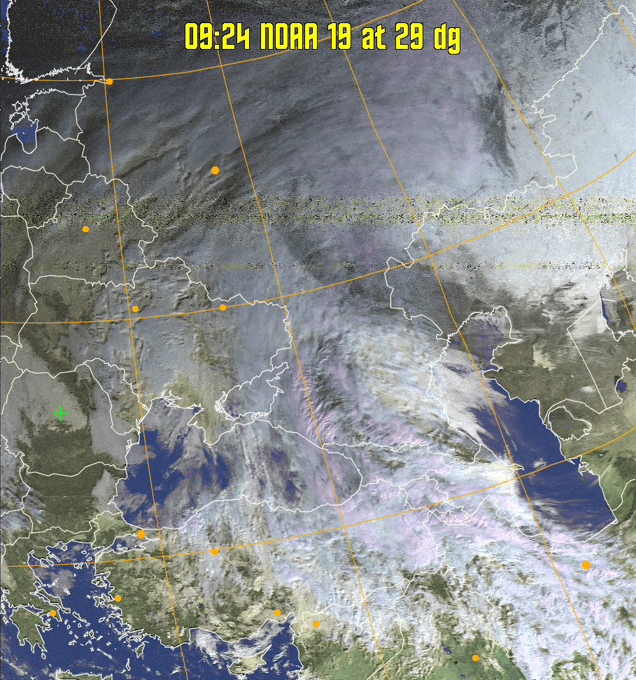 HVCT:
Similar to HVC, but with blue water and with colours more indicative of
land temperatures.
HVC:
Creates a false colour image from NOAA APT images based on temperature using
the HVC colour model. Uses the temperature derived from the sensor 4 image to
select the hue and the brightness from the histogram equalised other image to
select the value and chroma. The HVC colour model attempts to ensure that different colours at the same value will appear to the eye to be the same brightness
and the spacing between colours representing each degree will appear to the eye to
be similar. Bright areas are completely unsaturated in this model.