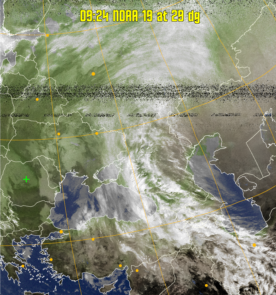 MCIR-precip: 
Colours the NOAA sensor 4 IR image using a map to colour the sea blue and land
green. High clouds appear white, lower clouds gray or land/sea coloured, clouds
generally appear lighter, but distinguishing between land/sea and low cloud may
be difficult. Darker colours indicate warmer regions.