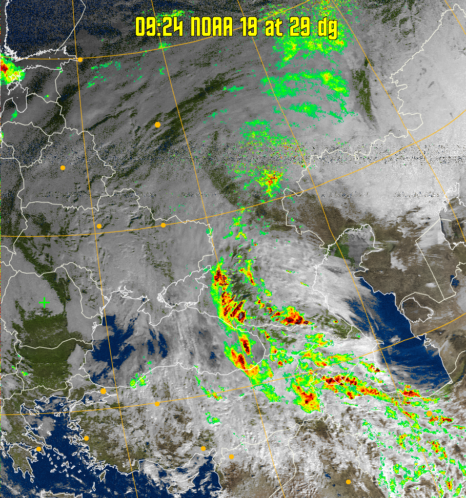 MSA-precip:
Same as MSA multispectral analysis, but high cold cloud tops are coloured the
same as the NO enhancement to give an approximate indication of the probability
and intensity of precipitation.