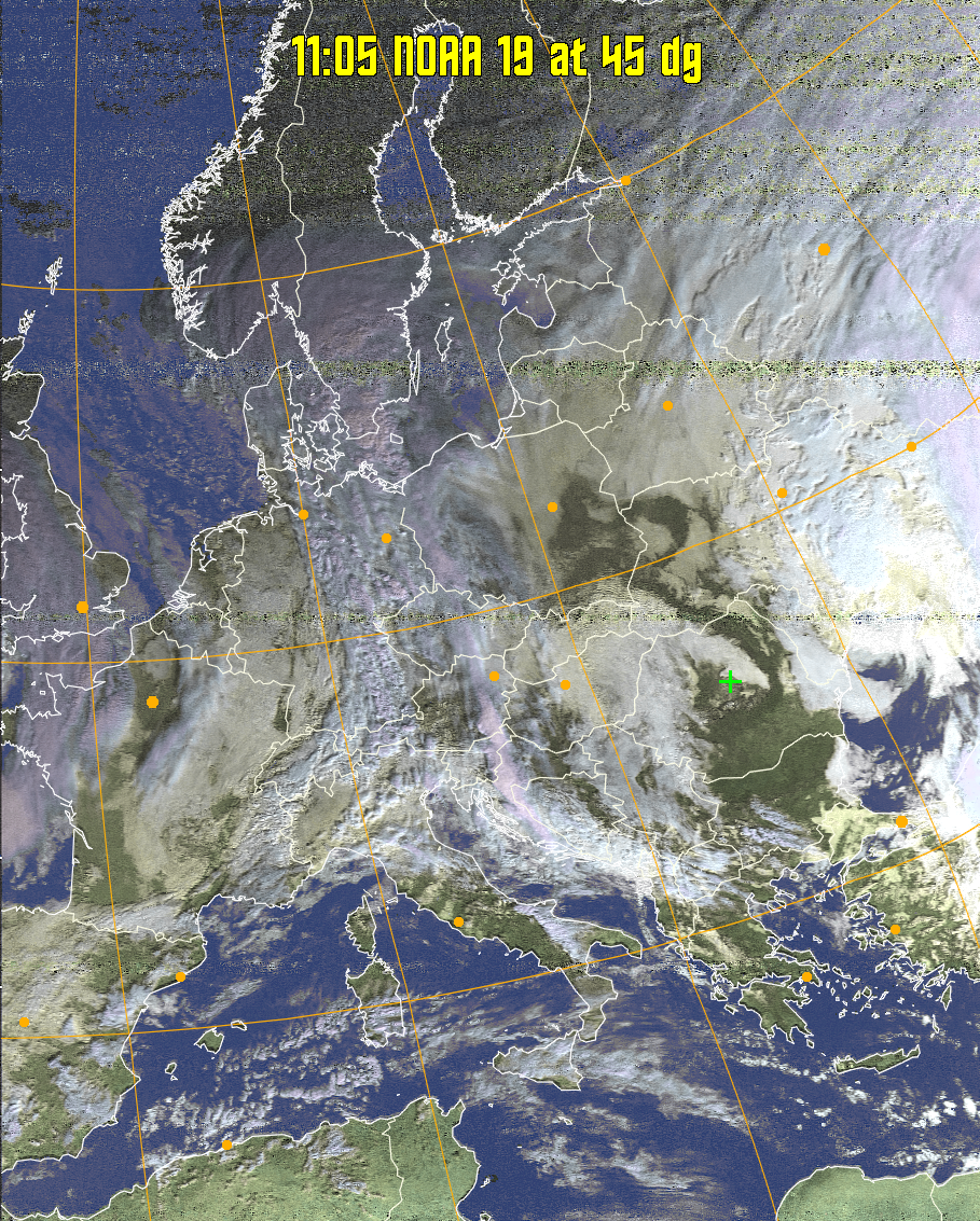 HVCT:
Similar to HVC, but with blue water and with colours more indicative of
land temperatures.
HVC:
Creates a false colour image from NOAA APT images based on temperature using
the HVC colour model. Uses the temperature derived from the sensor 4 image to
select the hue and the brightness from the histogram equalised other image to
select the value and chroma. The HVC colour model attempts to ensure that different colours at the same value will appear to the eye to be the same brightness
and the spacing between colours representing each degree will appear to the eye to
be similar. Bright areas are completely unsaturated in this model.