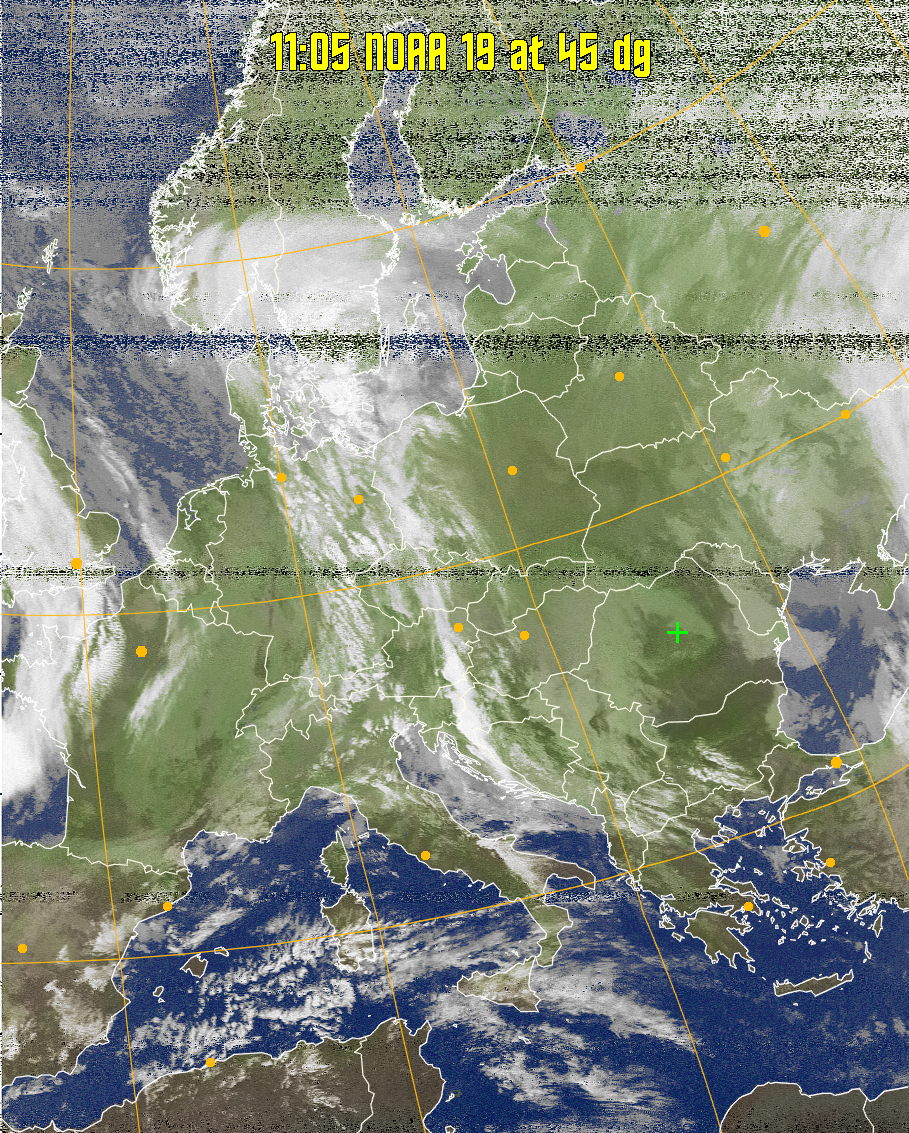 MCIR-precip: 
Colours the NOAA sensor 4 IR image using a map to colour the sea blue and land
green. High clouds appear white, lower clouds gray or land/sea coloured, clouds
generally appear lighter, but distinguishing between land/sea and low cloud may
be difficult. Darker colours indicate warmer regions.