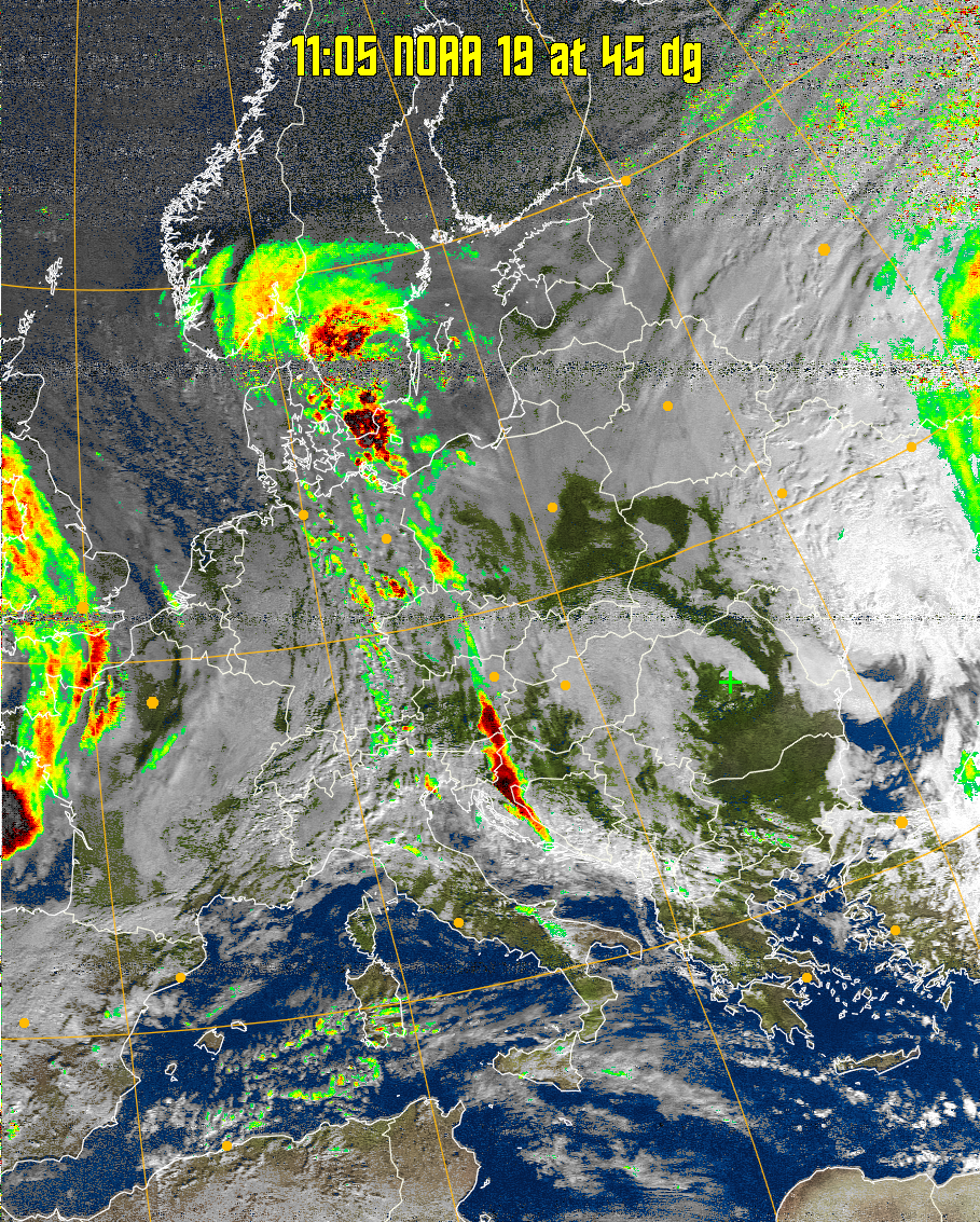 MSA-precip:
Same as MSA multispectral analysis, but high cold cloud tops are coloured the
same as the NO enhancement to give an approximate indication of the probability
and intensity of precipitation.