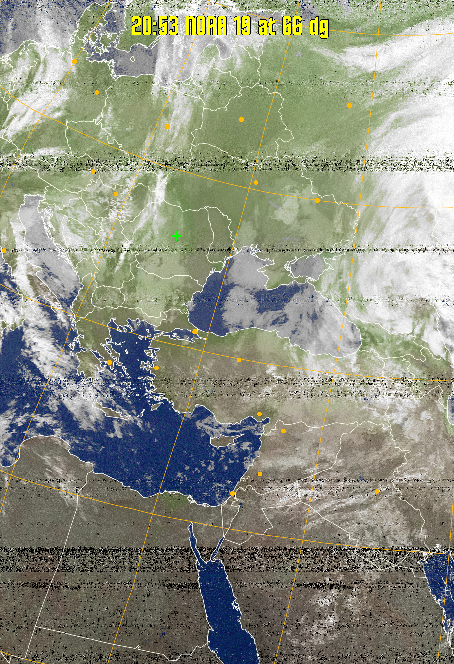 MCIR-precip: 
Colours the NOAA sensor 4 IR image using a map to colour the sea blue and land
green. High clouds appear white, lower clouds gray or land/sea coloured, clouds
generally appear lighter, but distinguishing between land/sea and low cloud may
be difficult. Darker colours indicate warmer regions.