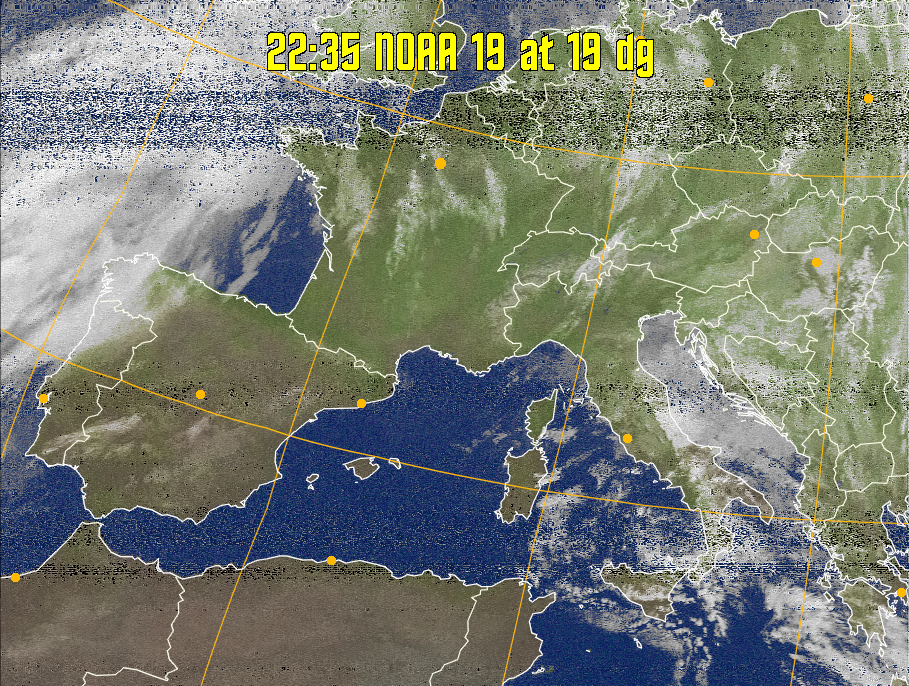 MCIR-precip: 
Colours the NOAA sensor 4 IR image using a map to colour the sea blue and land
green. High clouds appear white, lower clouds gray or land/sea coloured, clouds
generally appear lighter, but distinguishing between land/sea and low cloud may
be difficult. Darker colours indicate warmer regions.