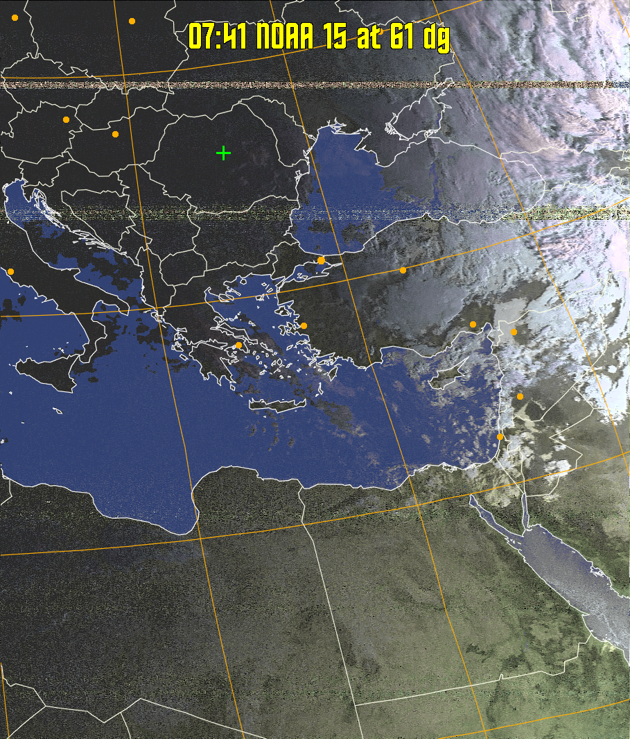 HVCT:
Similar to HVC, but with blue water and with colours more indicative of
land temperatures.
HVC:
Creates a false colour image from NOAA APT images based on temperature using
the HVC colour model. Uses the temperature derived from the sensor 4 image to
select the hue and the brightness from the histogram equalised other image to
select the value and chroma. The HVC colour model attempts to ensure that different colours at the same value will appear to the eye to be the same brightness
and the spacing between colours representing each degree will appear to the eye to
be similar. Bright areas are completely unsaturated in this model.