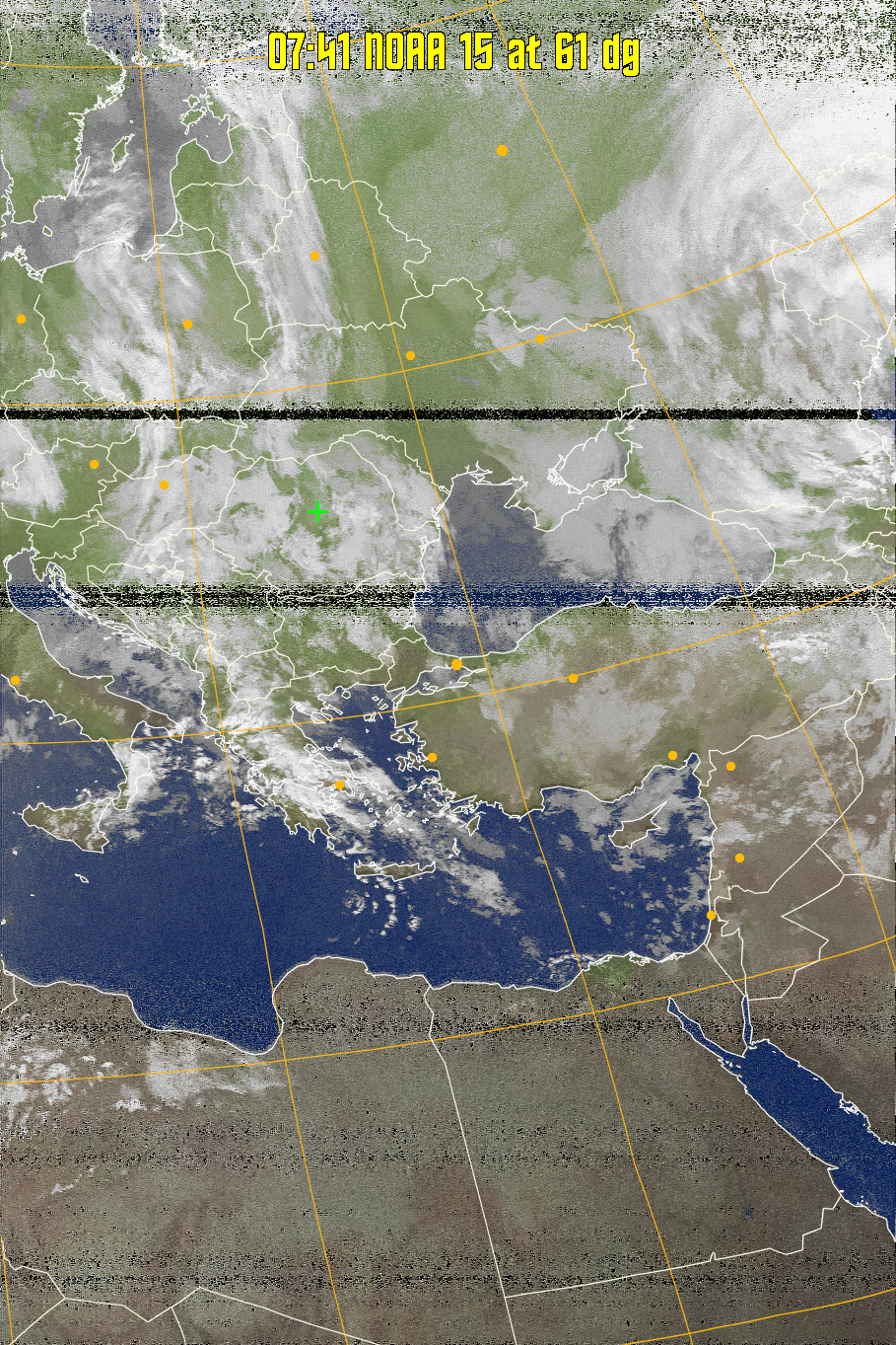 MCIR-precip: 
Colours the NOAA sensor 4 IR image using a map to colour the sea blue and land
green. High clouds appear white, lower clouds gray or land/sea coloured, clouds
generally appear lighter, but distinguishing between land/sea and low cloud may
be difficult. Darker colours indicate warmer regions.