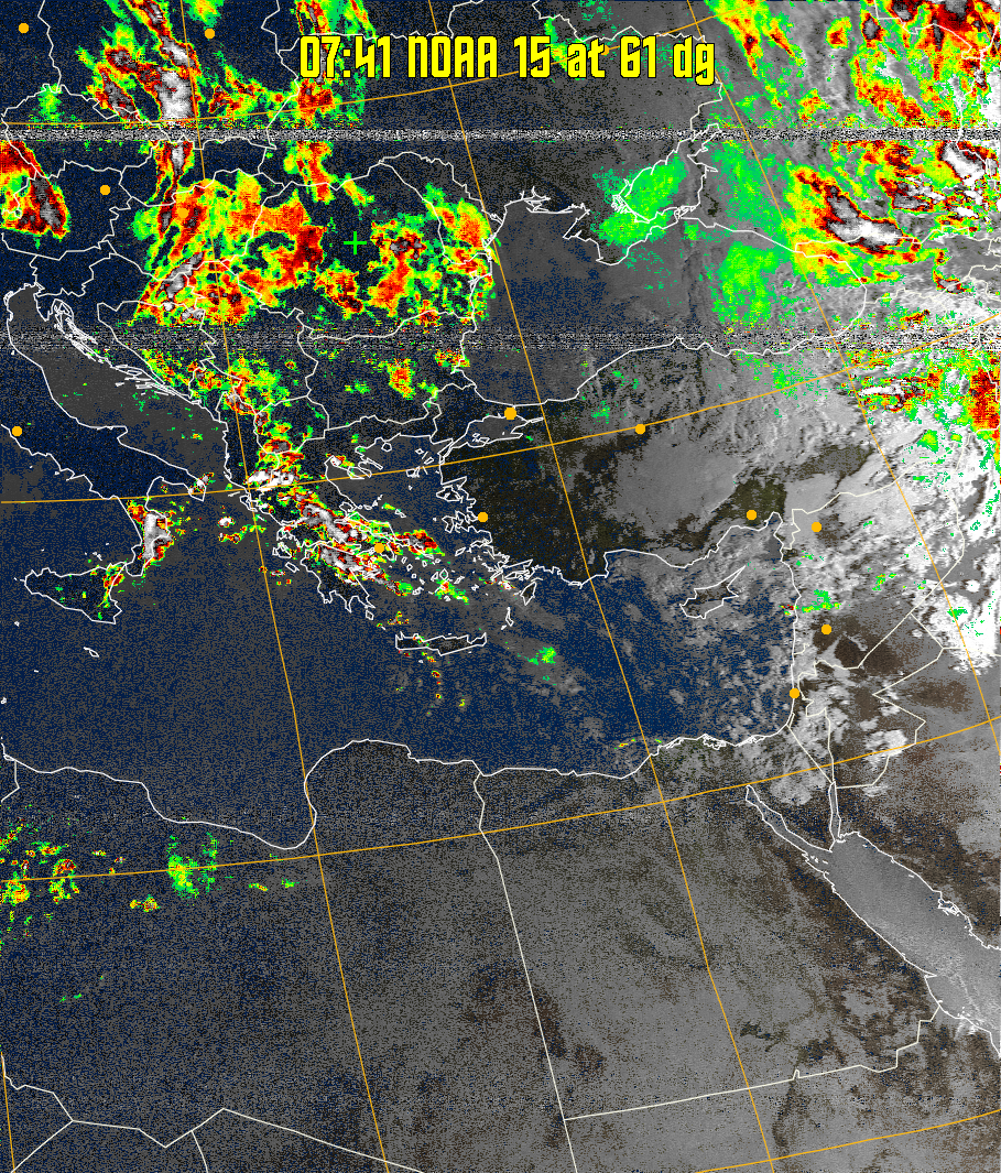 MSA-precip:
Same as MSA multispectral analysis, but high cold cloud tops are coloured the
same as the NO enhancement to give an approximate indication of the probability
and intensity of precipitation.