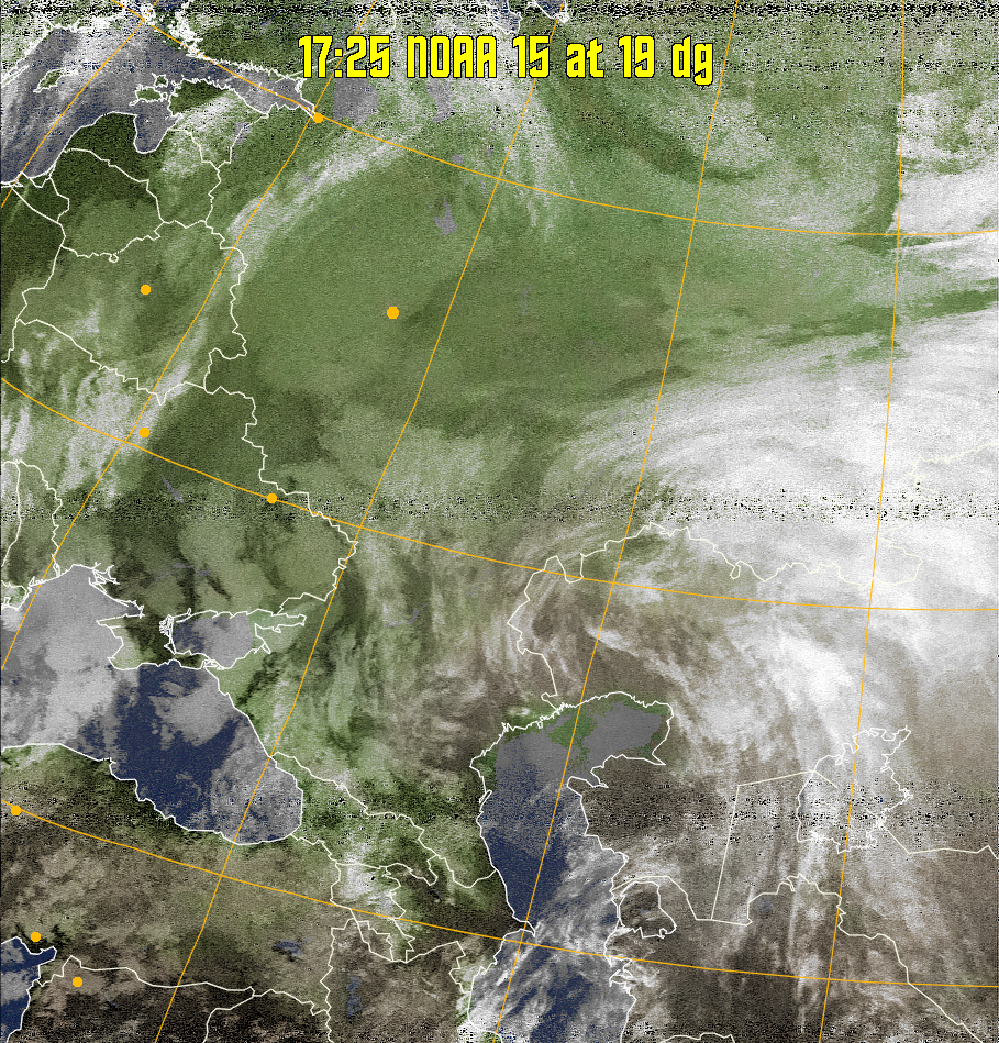 MCIR-precip: 
Colours the NOAA sensor 4 IR image using a map to colour the sea blue and land
green. High clouds appear white, lower clouds gray or land/sea coloured, clouds
generally appear lighter, but distinguishing between land/sea and low cloud may
be difficult. Darker colours indicate warmer regions.